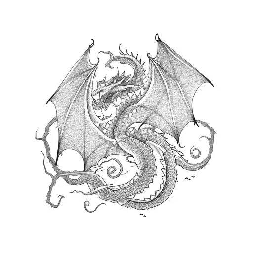 A Powerful Dragon Coiled Around A Blooming Cherry Blossom Tree