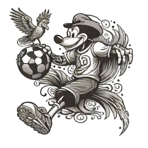 A Whimsical Scene Of Goofy Playing Soccer With A Phoenix Perched On His Shoulder