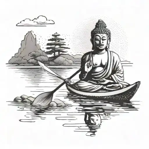 A Kayak Paddling Through A Serene River With A Mystical Buddha Figure In The Background