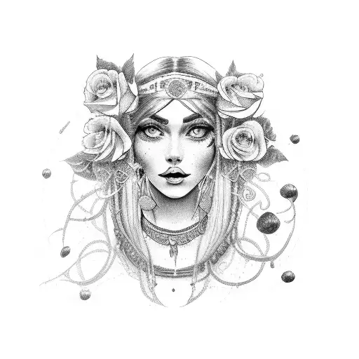 Female Gypsy Looking Left With Hair And Three Roses