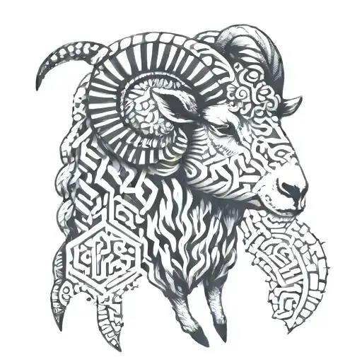 A Detailed Tattoo Of A Horned Sheep With Intricate Geometric Patterns Inspired By Metal Music