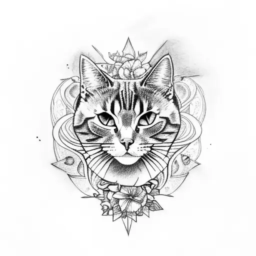 A Rock And Metal Inspired Tattoo Featuring A Fierce Cat With Floral Patterns