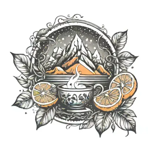 An Intricate Design Of Orange Slices Intertwined With Tea Leaves And Mountain Silhouettes