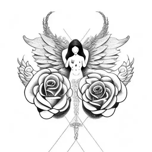 Praying Angel With Roses Around It Stomach Tattoo Men