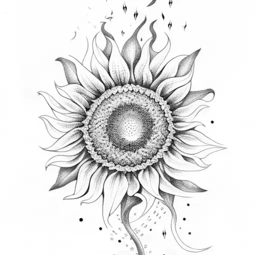 A Dotwork Tattoo Of A Sunflower Made Up Of Musical Notes