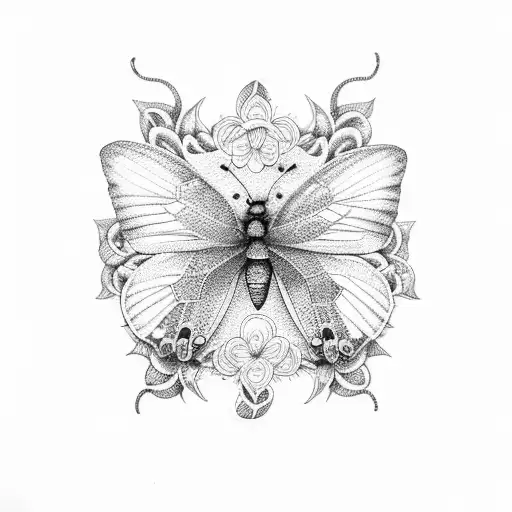 A Dotwork Tattoo Of A Majestic Blue And Yellow Butterfly Perched On A Guitar