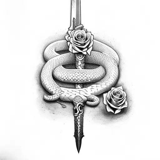 Sword With A Snake Wrapped Around It And Roses