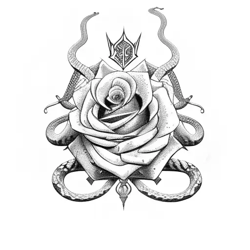 Horizontal Sword With A Snake Wrapped Around It And Roses Around