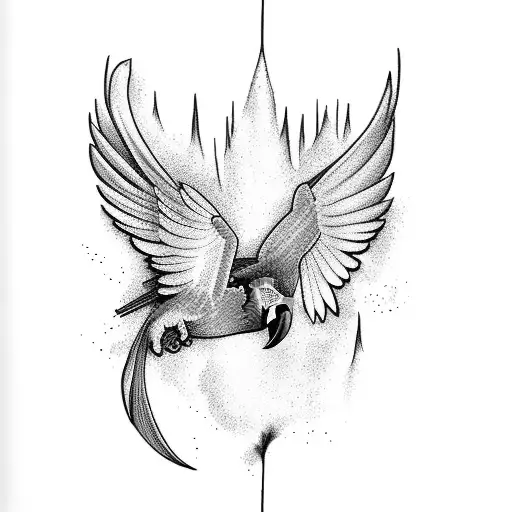 Colorful Macaws Flying Over A Waterfall In A Sketch Style