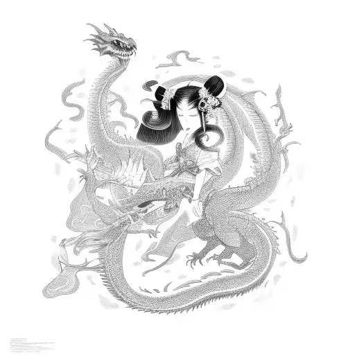 A Geisha Gracefully Dancing With A Dragon In The Background