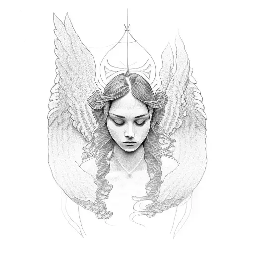A Serene Angel With Flowing Locs In Dotwork Style