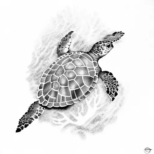 A Dotwork Tattoo Of A Sea Turtle Swimming Among Seashells And Coral Reefs