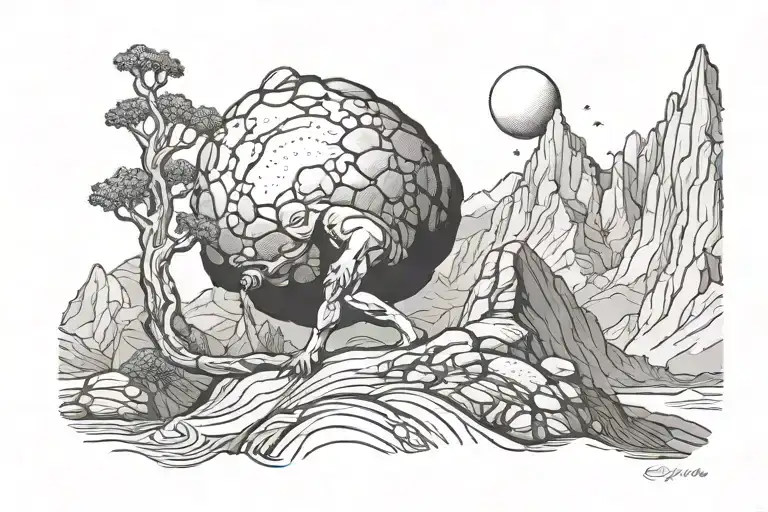 Sisyphus Dragging A Stone Up A Mountain Peaks