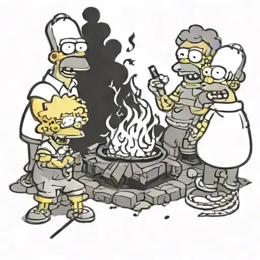 A Group Of Simpsons Characters Roasting Marshmallows Around A Campfire