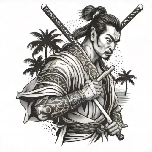A Samurai Holding A Billiard Cue With Beach Palm Trees In The Background