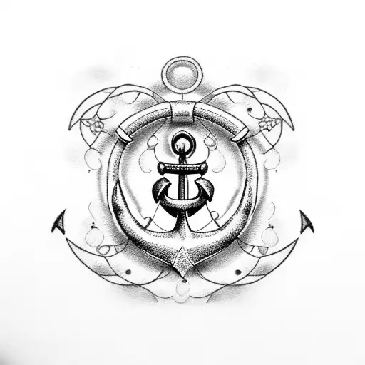 A Dotwork Anchor With A Realistic Floral Wreath Encircling It