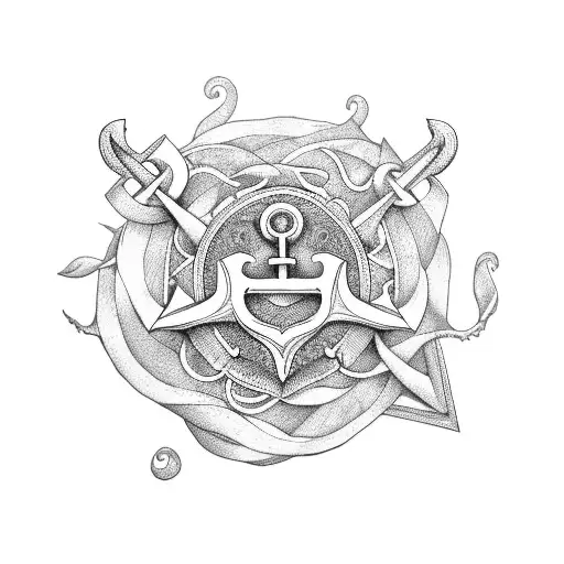 An Intricate Anchor Design Incorporating A Flower And Natural Elements In Dotwork Style