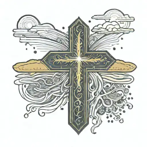 Obsian Cross With Gold Inlay With Sun Behind And Water Fall Flowing From Cross Into Oasis