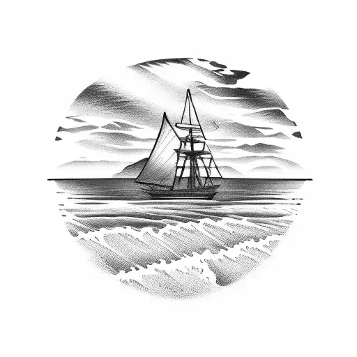 A Mesmerizing Sunset Over A Serene Beach With A Silhouette Of A Ship On The Horizon