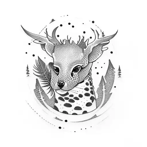 A Dotwork Tattoo Of A Serene Nature Scene With Various Animals Hidden Within