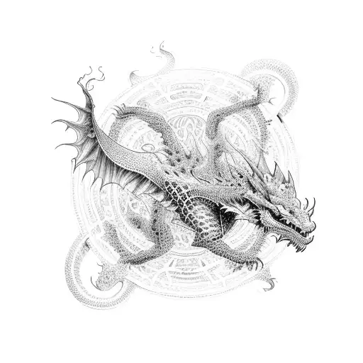 A Dotwork Dragon Entwined With Intricate Geometric Patterns
