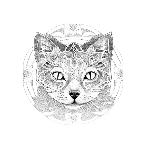 A Dotwork Tattoo Of A Nutrition-themed Mandala With A Cat And A Dog In The Center