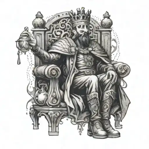 A Tattoo Of A King Sitting On A Throne Made Of Money Bags