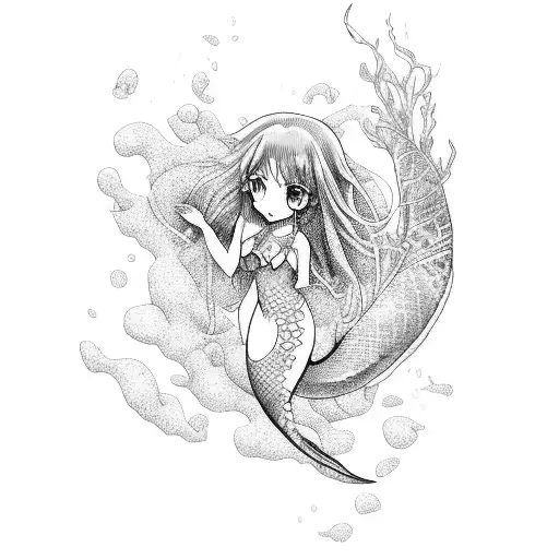 A Manga-inspired Underwater Scene With A Mermaid And Various Sea Creatures
