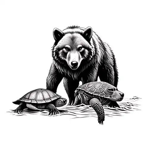 Tattoo With A Bear Dominating A Wolf And A Turtle Of The Seas
