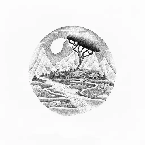 A Dotwork Tattoo Of An Estrada Winding Through A Beautiful Landscape