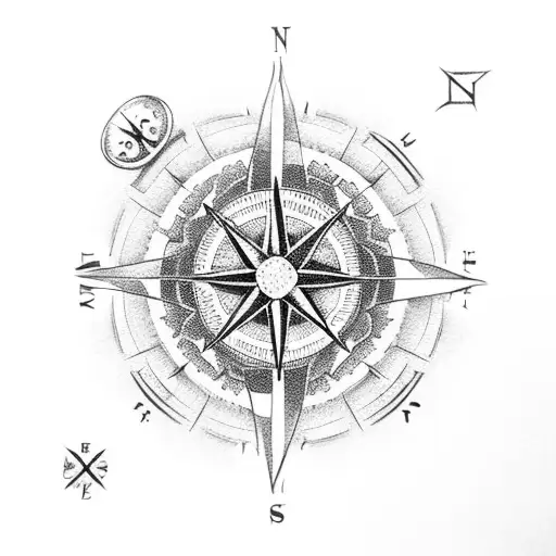 A Dotwork Compass Surrounded By Floral Elements