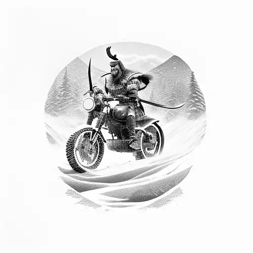 A Fierce Viking Warrior Riding A Motorcycle Through A Snowy Landscape