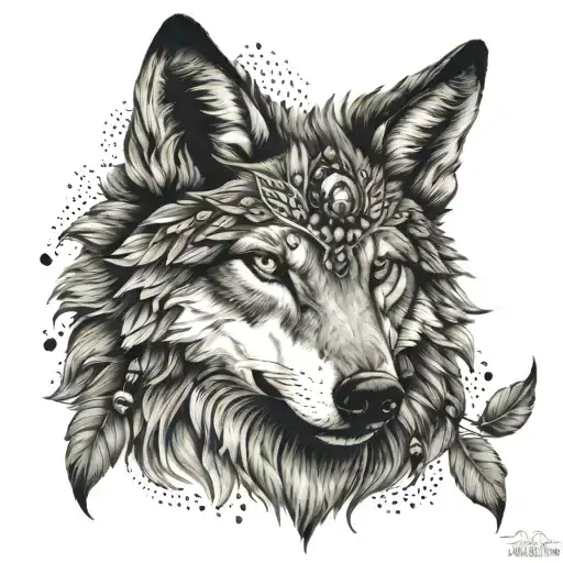 Wolf With Beads And Feathers In Her Hair Surrounded By Black Forest