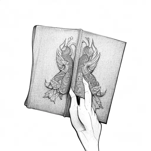 A Wizard's Hand Holding A Floating Book In Dotwork Style