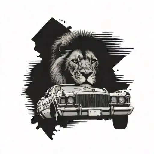 A Lion Roaring In Front Of A Classic Car With Movie Scenes Playing On The Car Windows