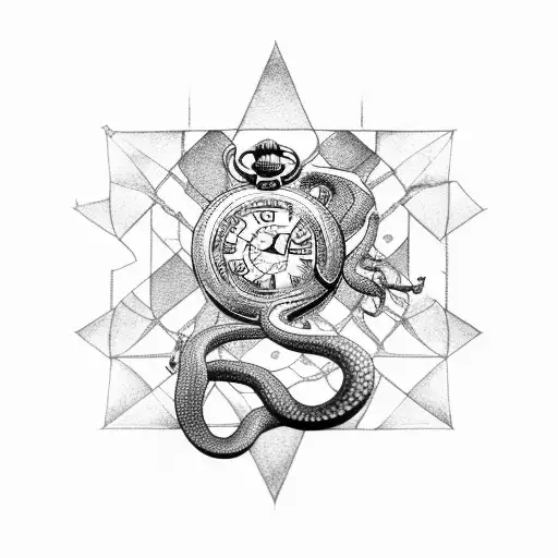 Arrow Through A Snake Biting A Broken Pocket Watch