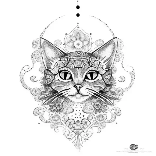 A Dotwork Tattoo Of A Cat Surrounded By Intricate Floral Patterns And Butterflies
