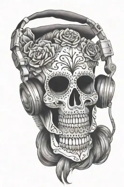 Sugar Skull Wearing Headphones