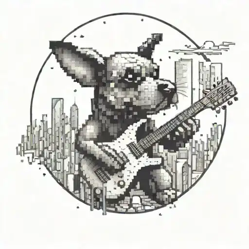 A Pixelated Dog Playing A Guitar In A Futuristic Cityscape