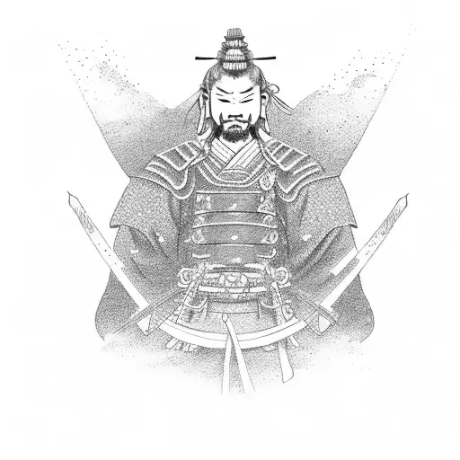 A Samurai Warrior Meditating In A Temple With Dragon Motifs In Dotwork Style