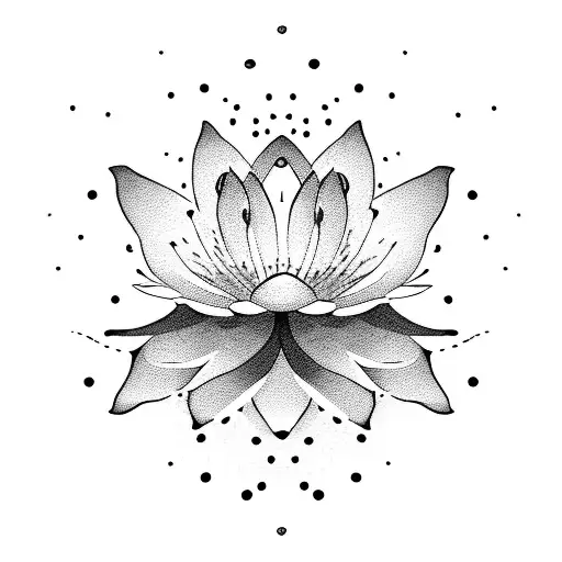 A Dotwork Lotus Flower With Cherry Blossom Petals Floating In The Wind