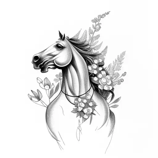 Horse Running With Flowers And Plants An Grass