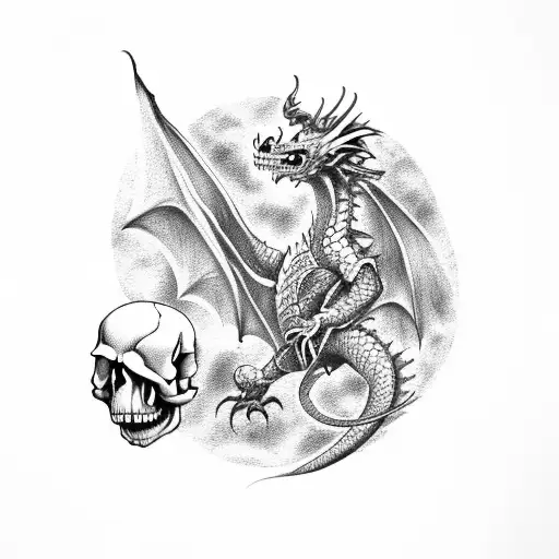 A Dragon And A Skull In A Battle Of Fire And Shadows