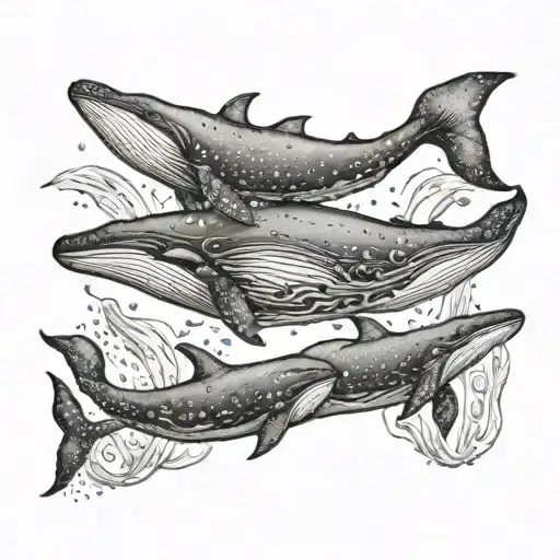 A Family Of Whales Swimming Together In The Deep Ocean