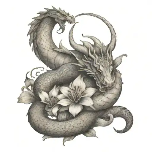 Neutral Looking Dragon Wrapping Around Lilly Flowers Together With A Snake