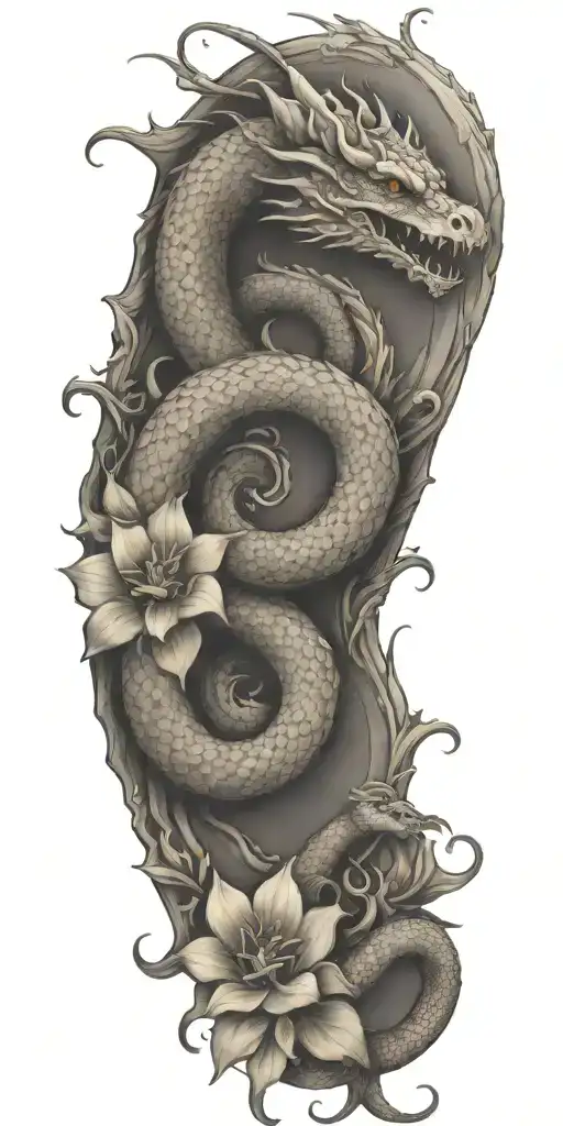 Neutral Looking Dragon Wrapping Around Lilly Flowers Together With A Snake
