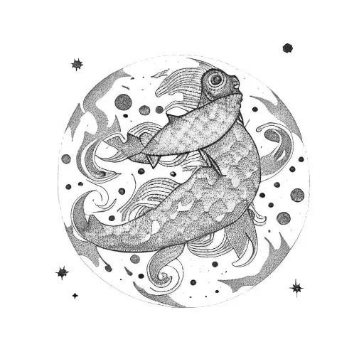 A Dotwork Pisces Zodiac Symbol Surrounded By A Cosmic Galaxy