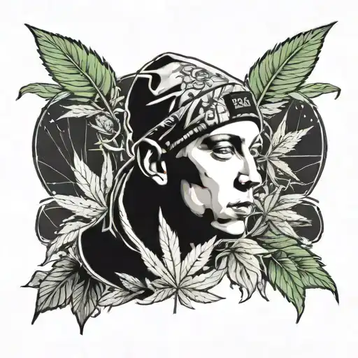 A Portrait Of Eminem With A Background Of Marijuana Leaves And Music Symbols