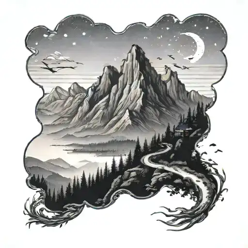 A Detailed Mountain Landscape With A Winding Hiking Trail And Birds In The Sky