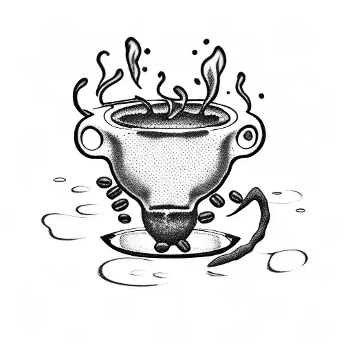 A Dotwork Tattoo Of A Witch Brewing Coffee In A Cauldron